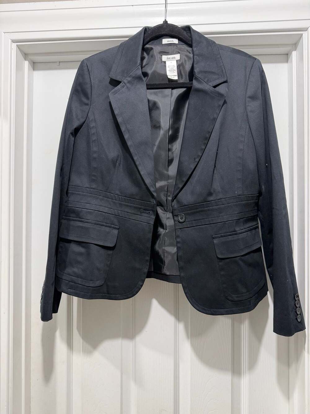 VINTAGE Liz & Co. Black Stretch One-Button Blazer Jacket Size 14